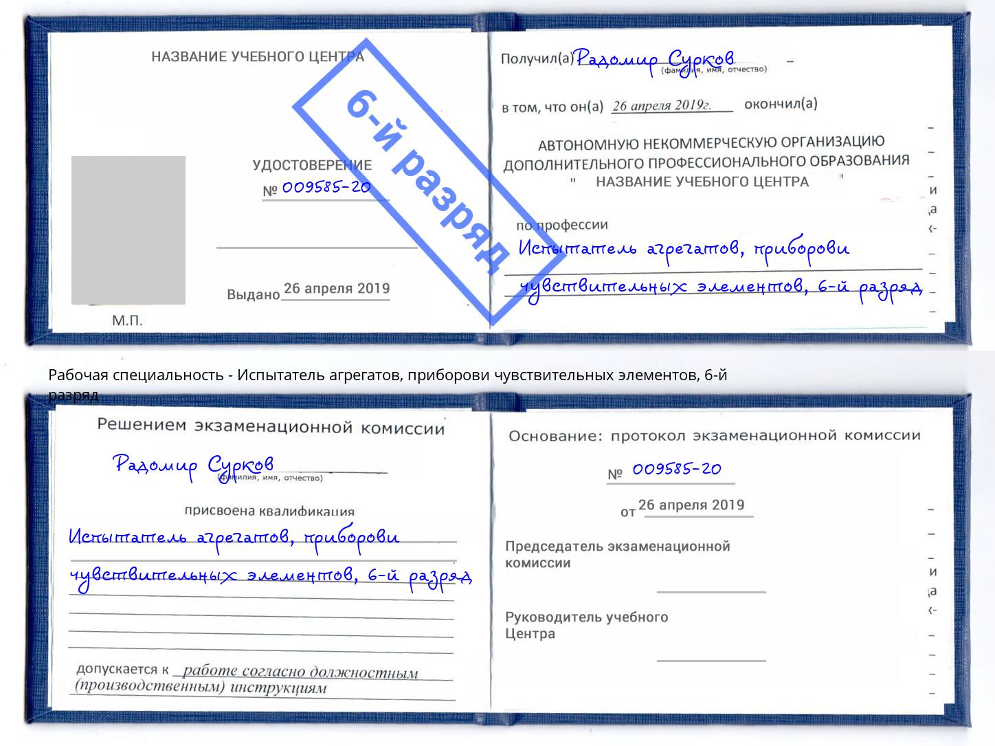 корочка 6-й разряд Испытатель агрегатов, приборови чувствительных элементов Королёв
