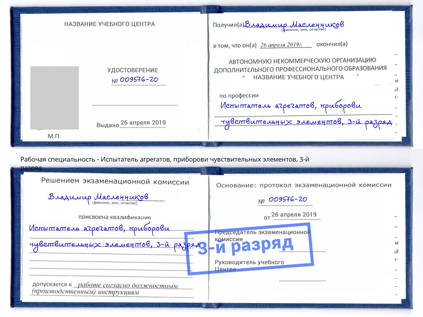 корочка 3-й разряд Испытатель агрегатов, приборови чувствительных элементов Королёв