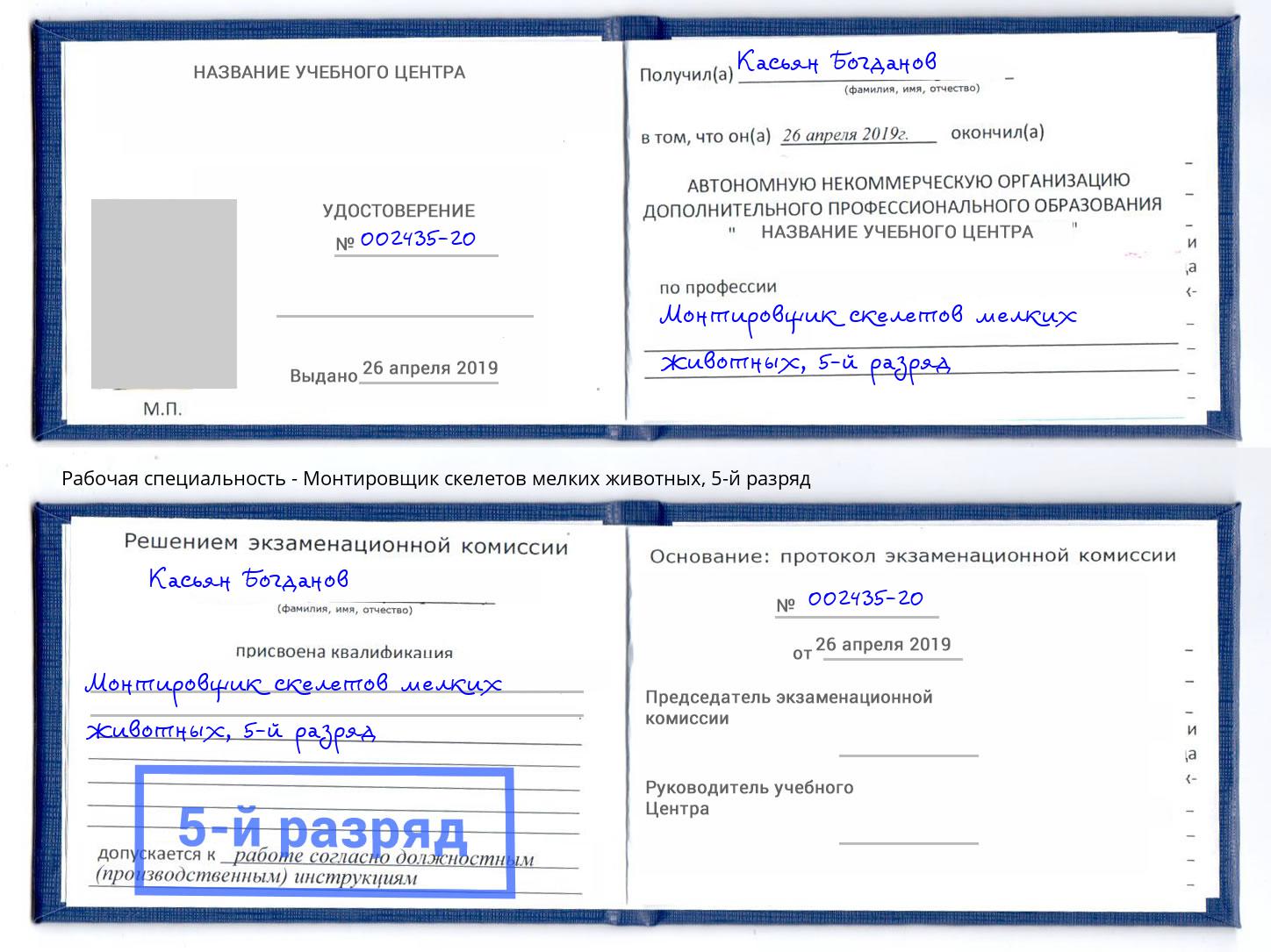 корочка 5-й разряд Монтировщик скелетов мелких животных Королёв