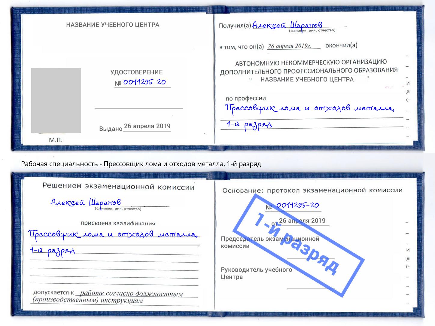 корочка 1-й разряд Прессовщик лома и отходов металла Королёв